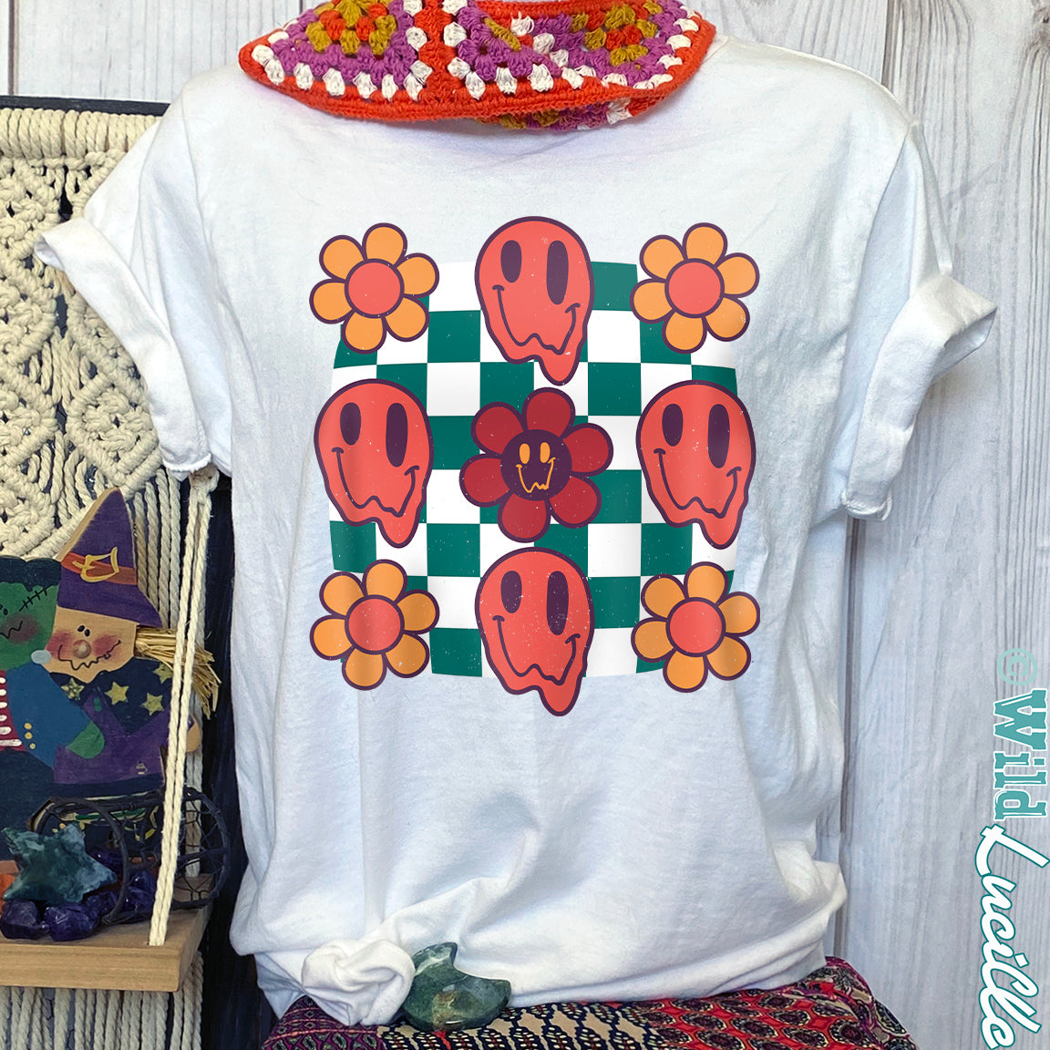 retro ghosts and daisies with checker pattern graphic tee
