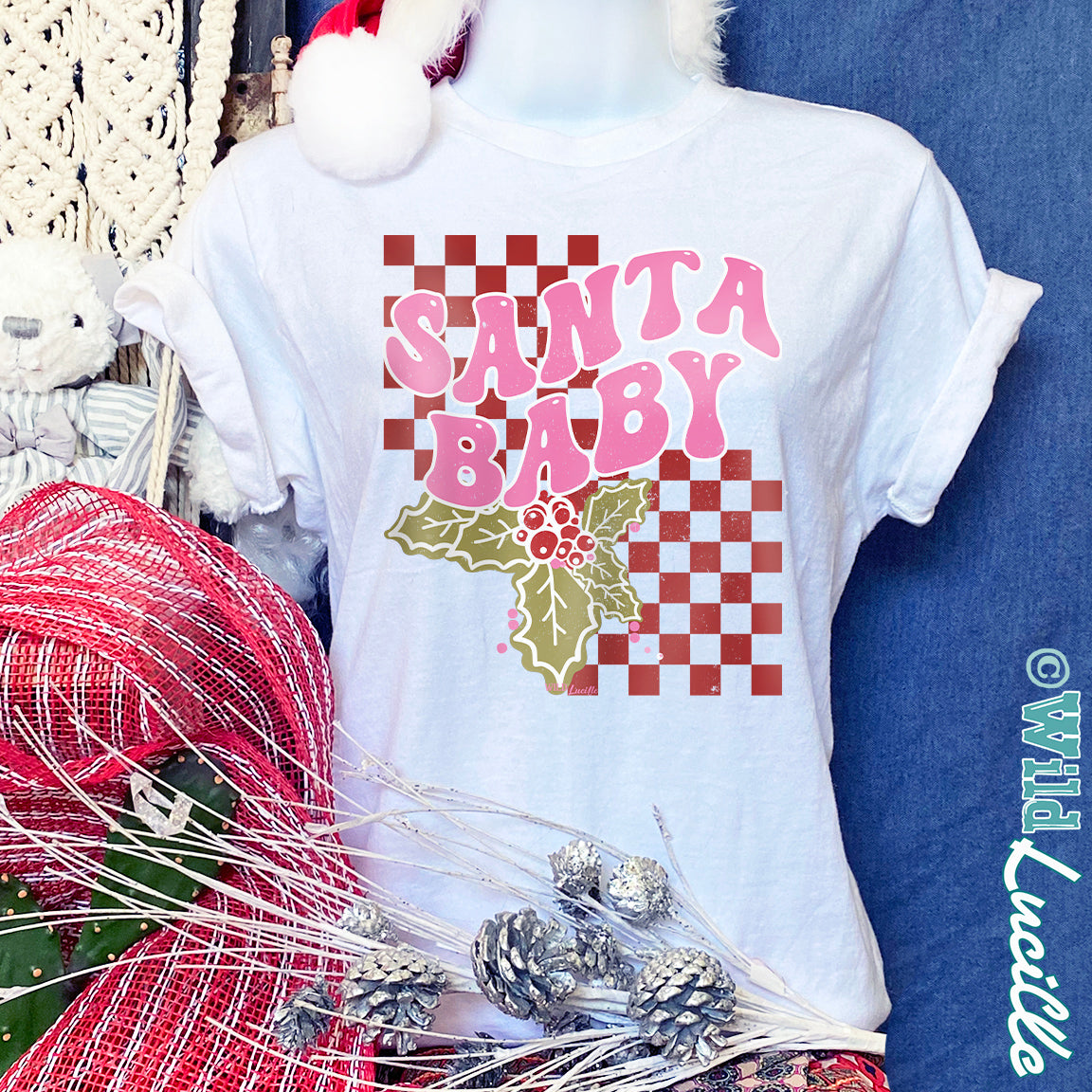 Red Checkered Santa Baby - Christmas Graphic Tee-shirt