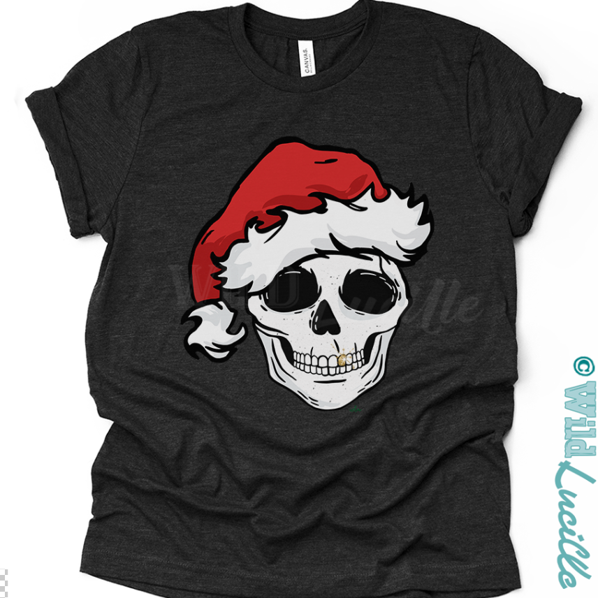 Skull Santa - Faux Glitter Christmas Graphic Print Tees