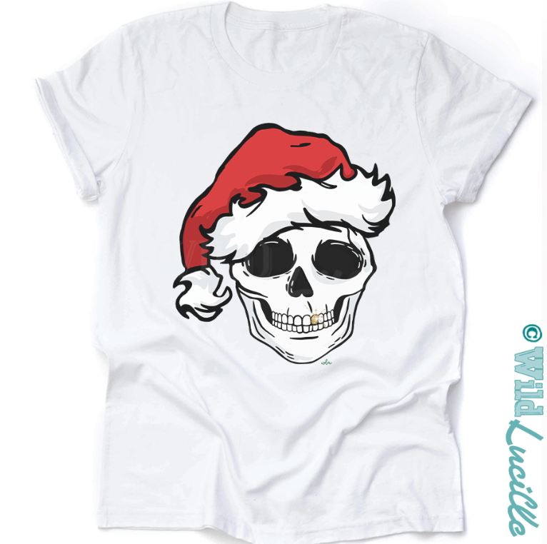 Skull Santa - Faux Glitter Christmas Graphic Print Tees