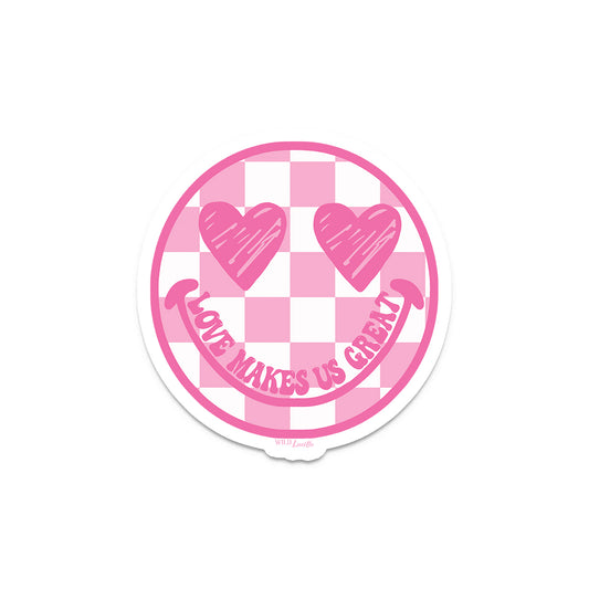 Love Makes Us Great Pink Checkered Happy Face - Vinyl Sticker Decals