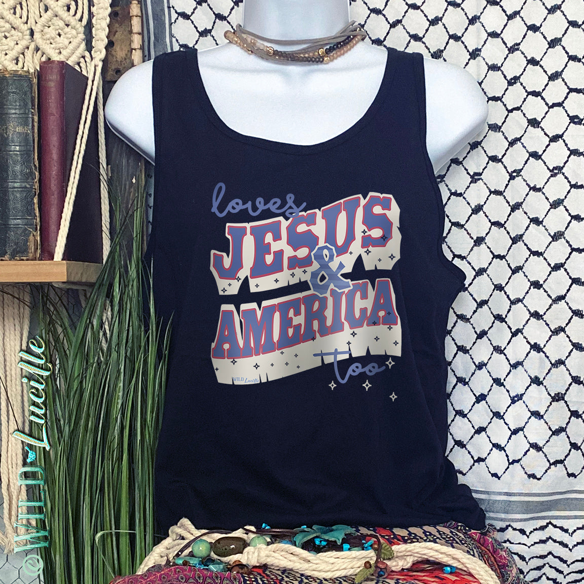 Loves Jesus America Too - Women's Patriotic Graphic Tanks