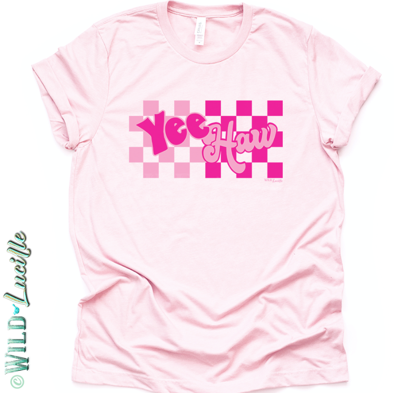 Pink Checkered Yeehaw - Western Graphic Tee-shirts