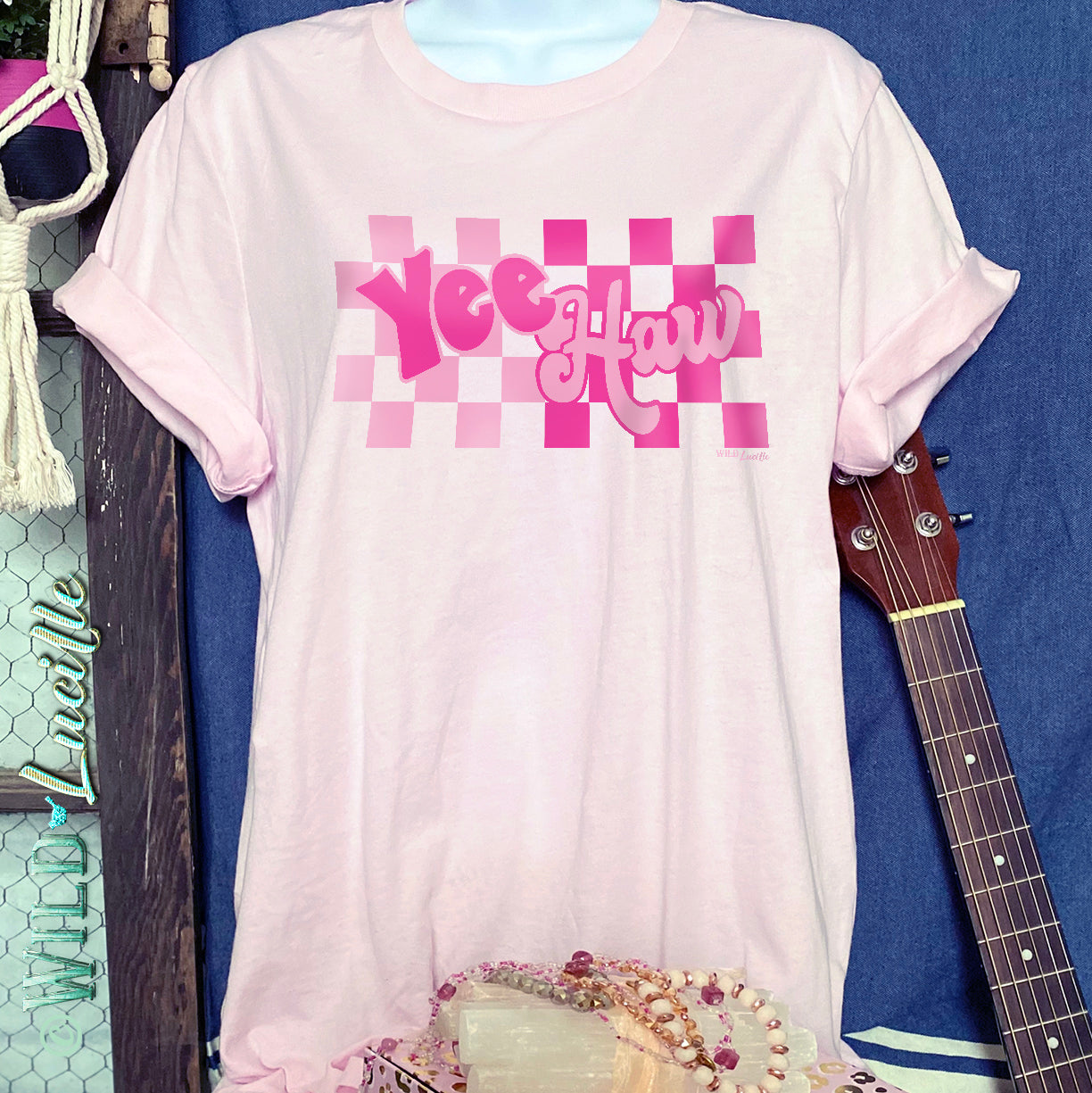 Pink Checkered Yeehaw - Western Graphic Tee-shirts