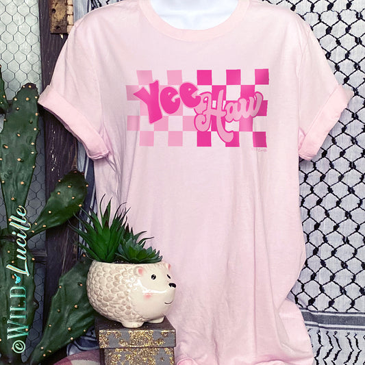 Pink Checkered Yeehaw - Western Graphic Tee-shirts