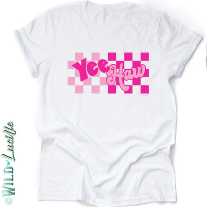 Pink Checkered Yeehaw - Western Graphic Tee-shirts