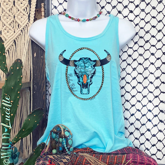 Rodeo Rebel Turquoise Skull - Women's Printed Tanks