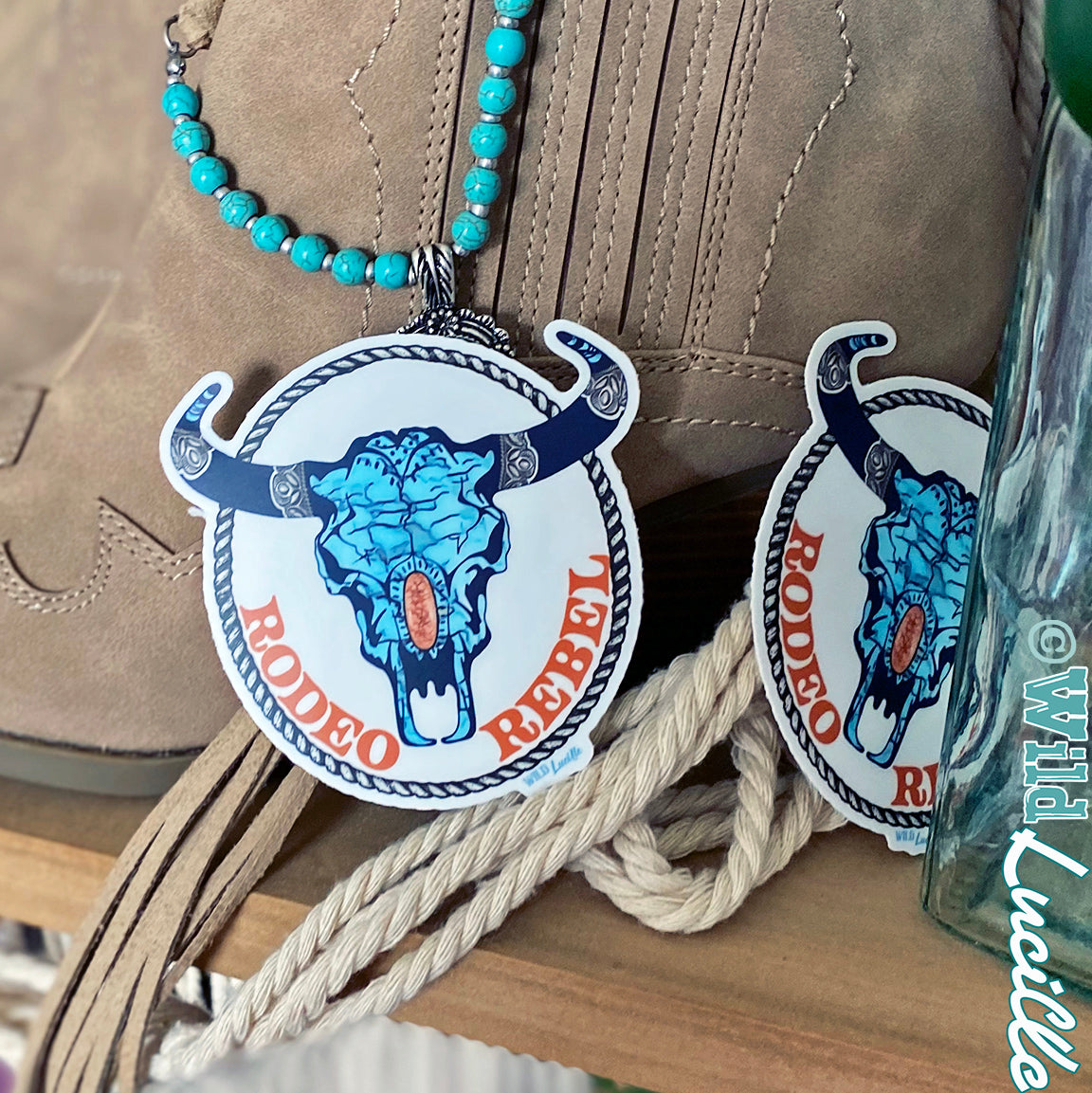 Rodeo Rebel Turquoise Skull - Western Vinyl Sticker Decals