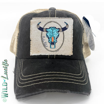 Rodeo Rebel Turquoise Skull - Trucker Hat Caps (more colors)