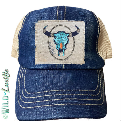 Rodeo Rebel Turquoise Skull - Trucker Hat Caps (more colors)