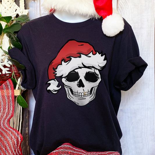 Skull Santa - Faux Glitter Christmas Graphic Print Tees