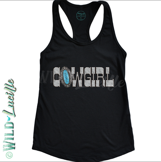 READY TO SHIP - Bundle of 3 Turquoise/Silver Cowgirl Black Racerback Tanks