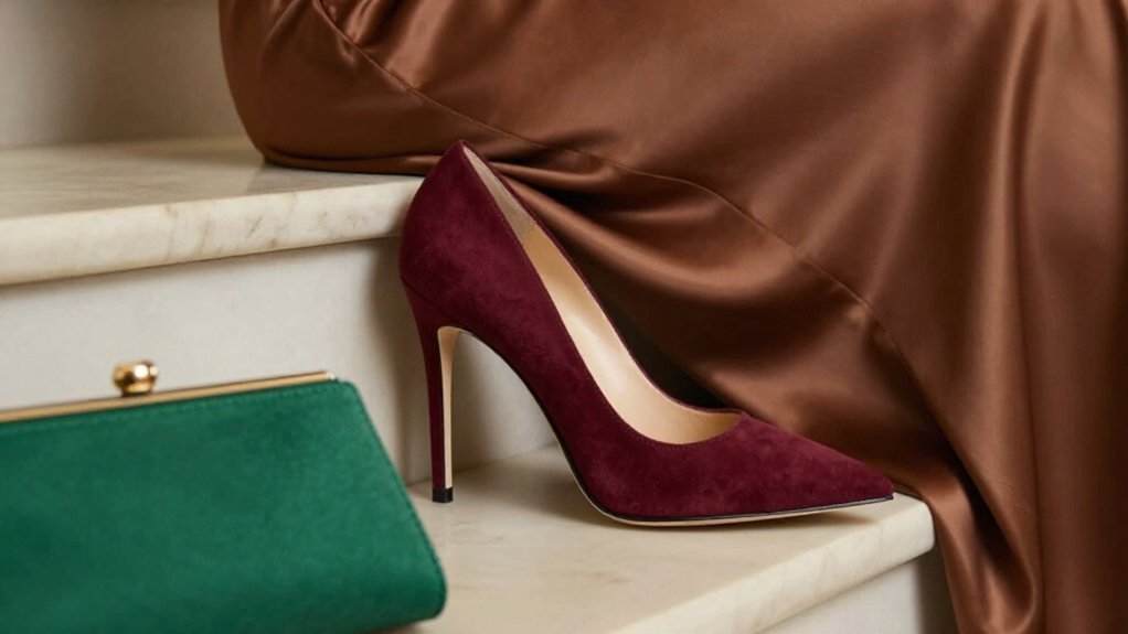 burgundy accents on brown dresses