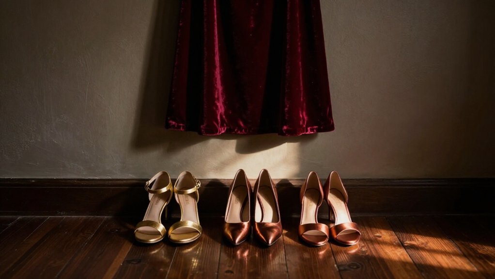 gold and metallic shoes elevate burgundy for evening glamour