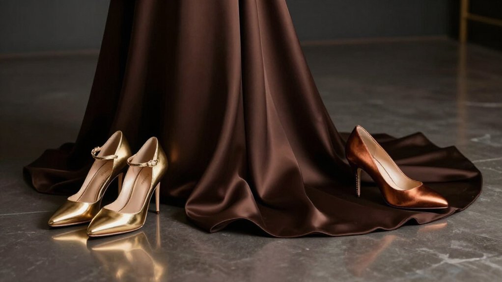 gold or bronze metallic heels elevate brown dresses