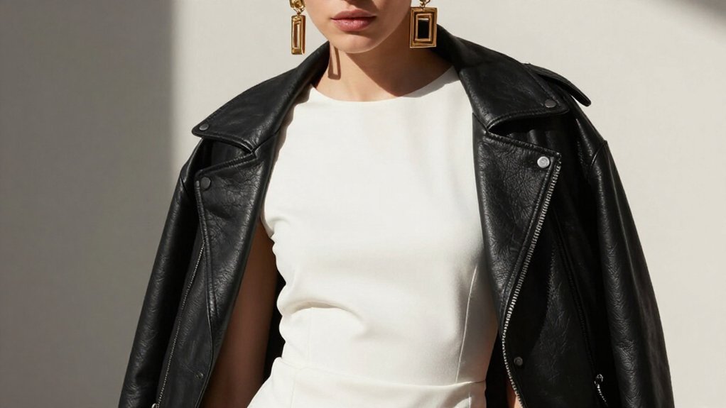 leather jacket white dress bold jewelry