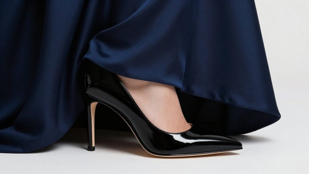 sharp contrast black shoes navy dress