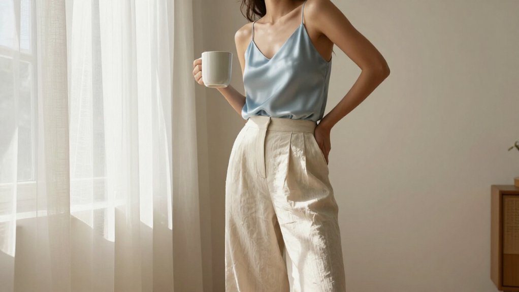 wide leg crepe pants silk cami blazer